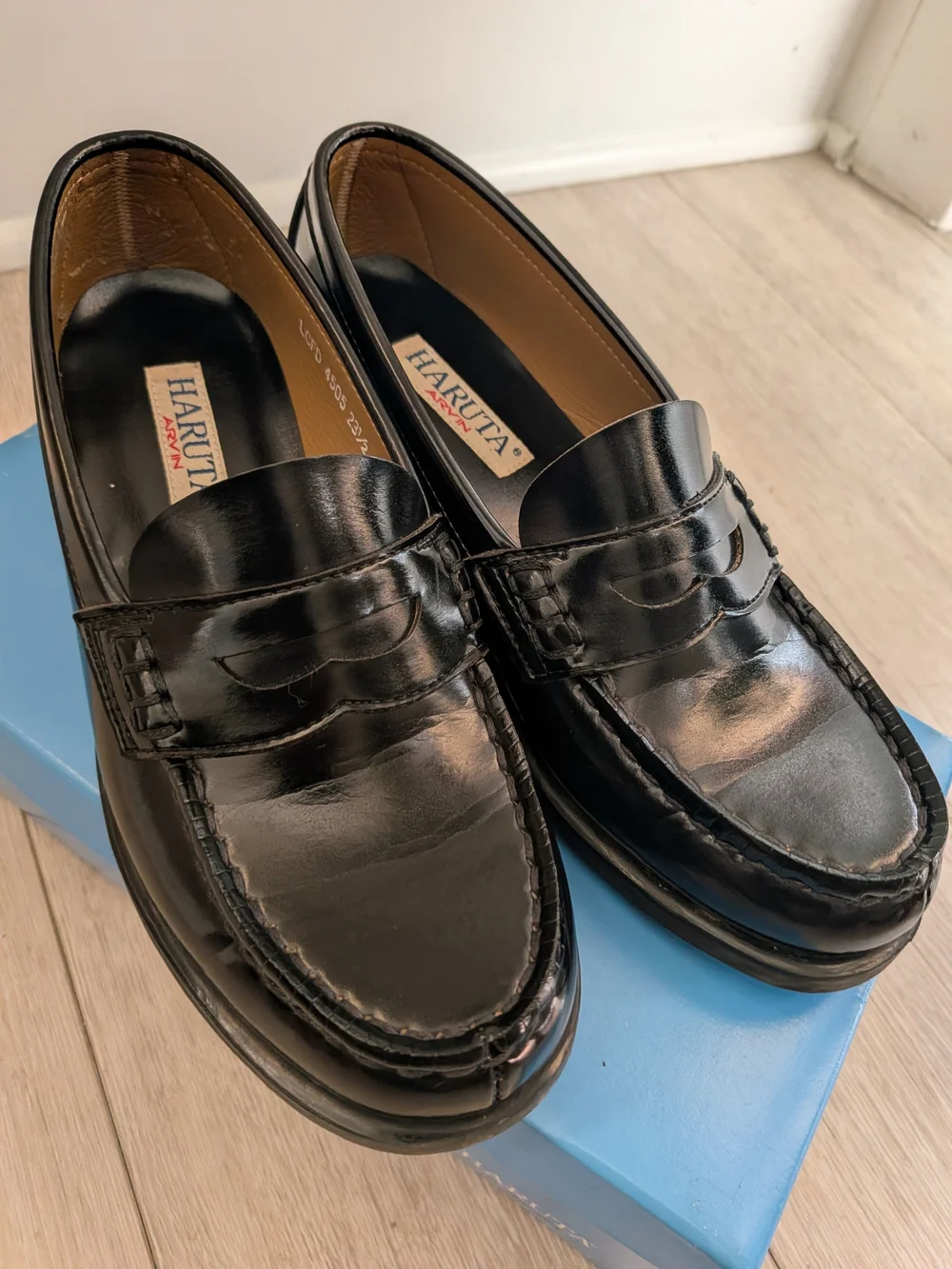 HARUTA Black Leather Penny Loafers for Men